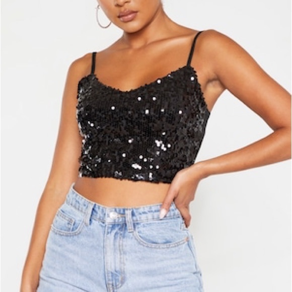 Black Sequin Crop Top SZ S - Picture 1 of 9